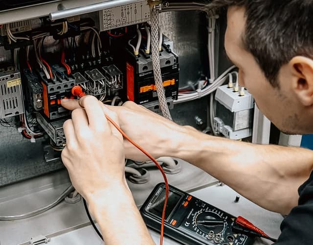 Électricien contrôlant un tableau électrique au multimètre